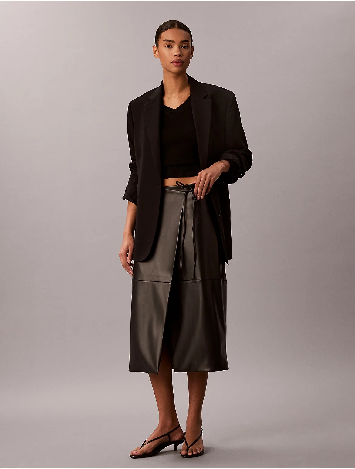 Faux Leather Midi Wrap Skirt