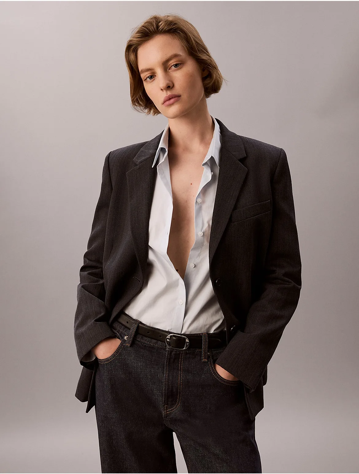 Worsted Wool Blend Belted Blazer by Calvin Klein