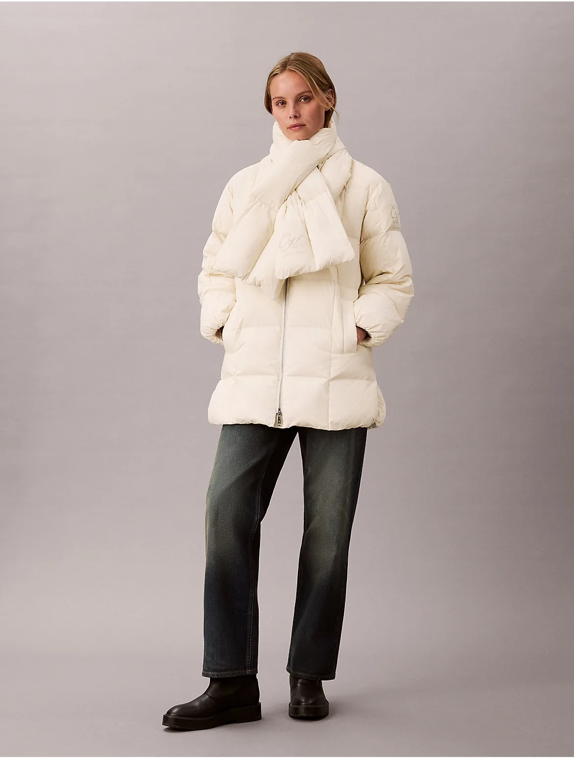 Matte Midweight Down Puffer Coat with Scarf by Calvin Klein
