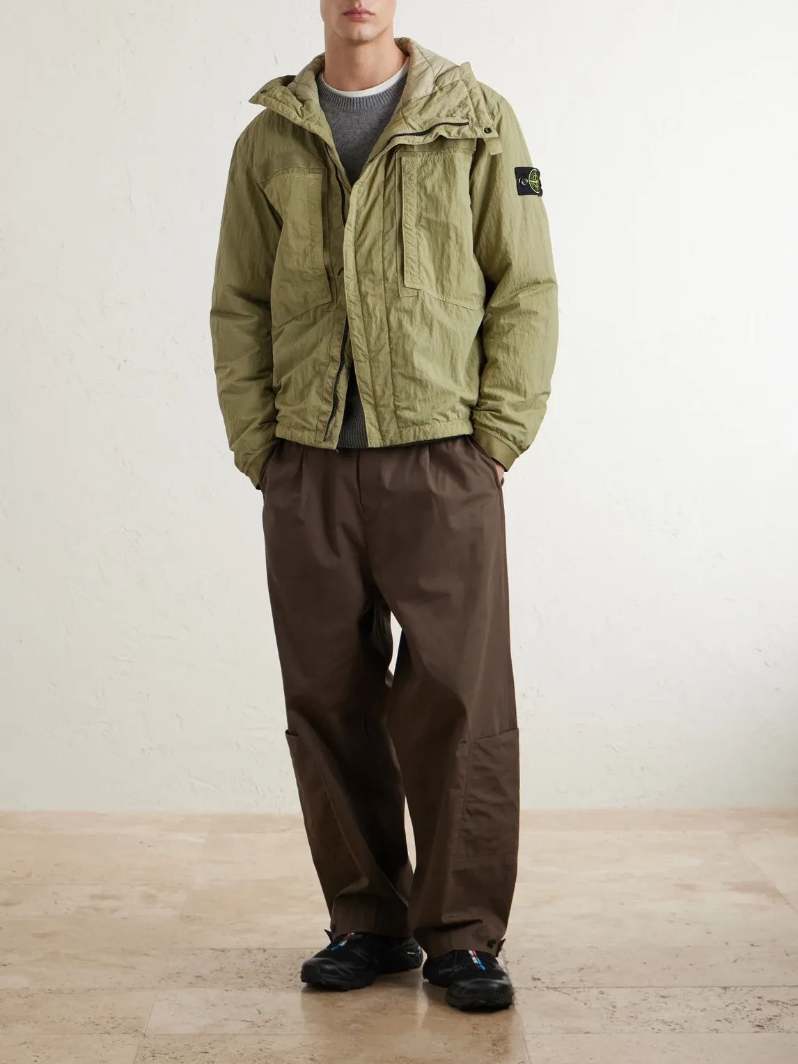 Garment-Dyed Padded Crinkled Warp Rib Nylon-TC Hooded Jacket by Stone Island