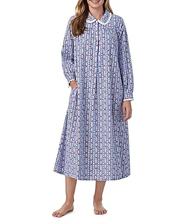 Blue Tyrolean Stripe Print Cotton Flannel Peter Pan Collar Long Sleeve Long Ballet Nightgown by Lanz of Salzburg