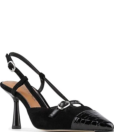 Enthuse Suede Crocodile Embossed Cap Toe Slingback Pumps by Donald Pliner