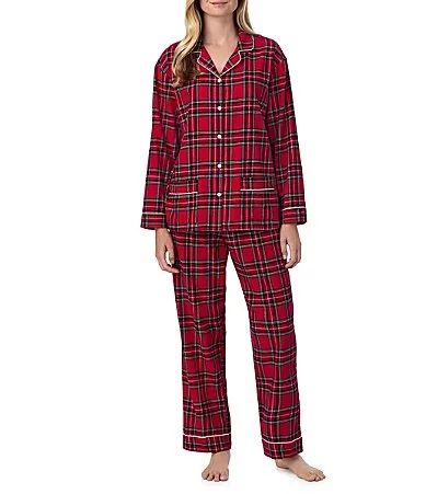 Red Plaid Print Notch Collar Long Sleeve Woven Long Pajama Set