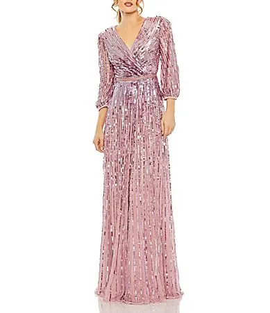 Mac Duggal Sequin Surplice V-Neck 34 Sleeve Embellished A-Line Gown by M.A.C.