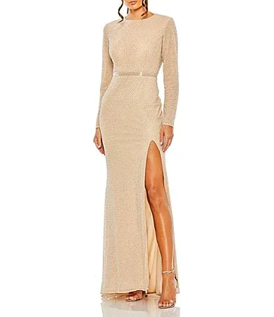 Mac Duggal Beaded Boat Neck Belted Long Sleeve Side Slit Gown by M.A.C.