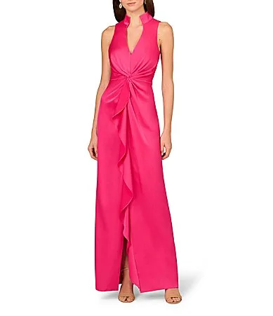 Satin V-Neck Twist Front with Cascading Ruffle Gown by Aidan Mattox