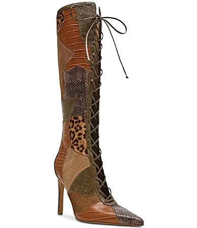 Marelyn Patchwork Pointed Toe Lace Up Tall Boots by Steve Madden