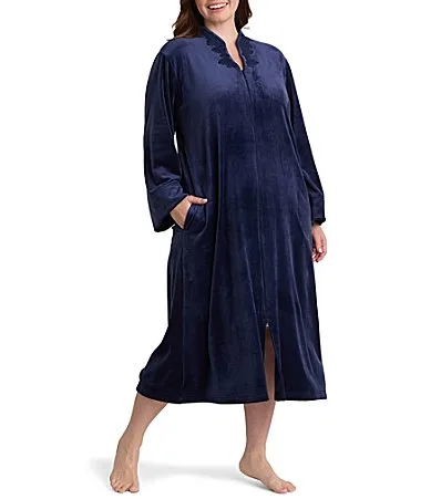 Solid Long Sleeve V-Neck Luxe Fleece Long Zip Robe by Miss Elaine