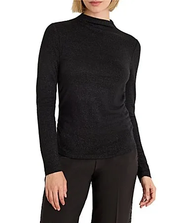 Everyday Sparkle Funnel Neck Long Sleeve Ruched Knit Tee Top