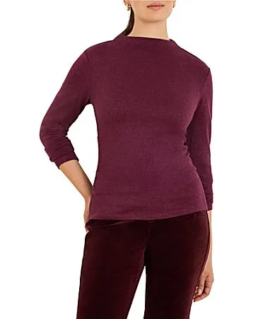Everyday Sparkle Funnel Neck Long Sleeve Ruched Knit Tee Top