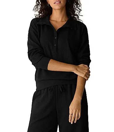 Waffle Double-Knit Henley Collar Long Sleeve Top by Eileen Fisher