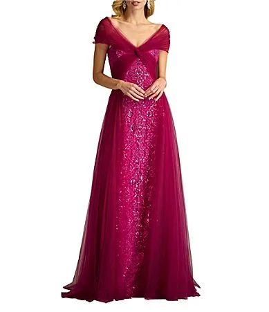 Taffeta Sequin Print V-Neck Cap Sleeve Gown by Tadashi