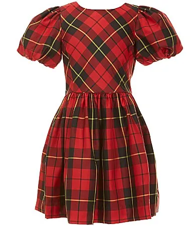 Plaid Short Puff Sleeve Taffeta Dress by Polo Ralph Lauren