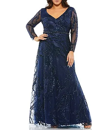 Mac Duggal Sequin Long Sheer Sleeve V-Neck Beaded Waist A-Line Gown
