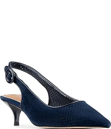 Soraya Perforated Suede Pointed Toe Slingback Kitten Heel Pumps by Donald Pliner