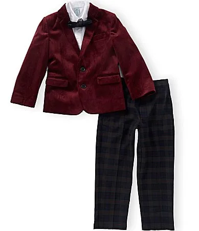Velvet Jacket Dress Shirt Plaid Pants & Bow Tie 4-Piece Suit Set by Class Club