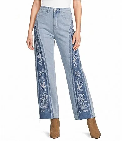 Ultra High Rise Wide Leg Embroidered Medium Wash Jeans by Bayeas