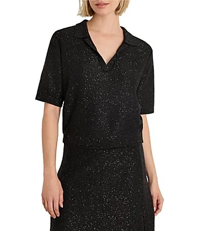 Anytime Sequin Split Collared Short Sleeve Polo Sweater by NIC + ZOE