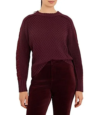 Criss Cross Ribbed Round Neck Geometric Lattice Long Sleeve Sweater by NIC + ZOE