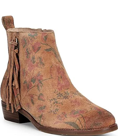 Sable Suede Floral Fringe Booties by Brioso