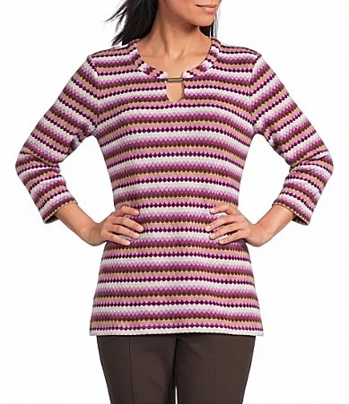 Scallop Stripe 34 Sleeve Keyhole Neck Knit Top by Allison Daley
