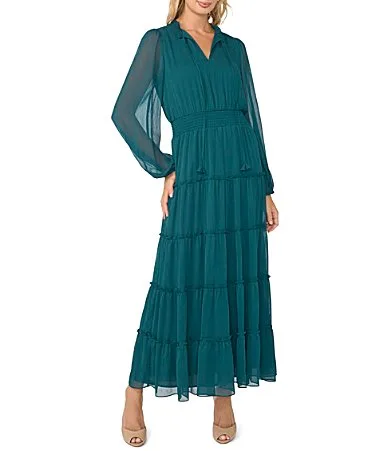 Long Sleeve Yoryu Tiered Ruffle V Neck Maxi Dress by Vince Camuto