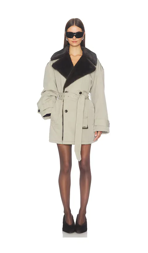 Oversized Trench Coat with Faux Fur Lining - Stone by Alexander Wang
