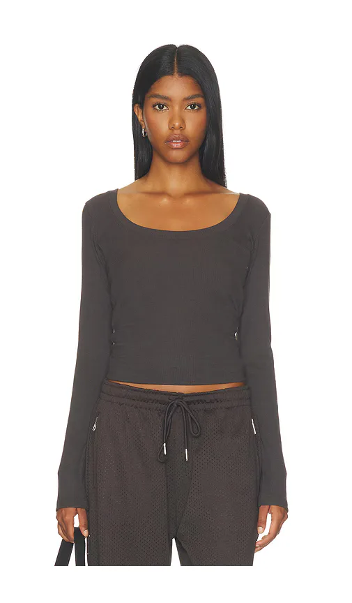 Rib Scoop Neck Long Sleeve Top by Adanola