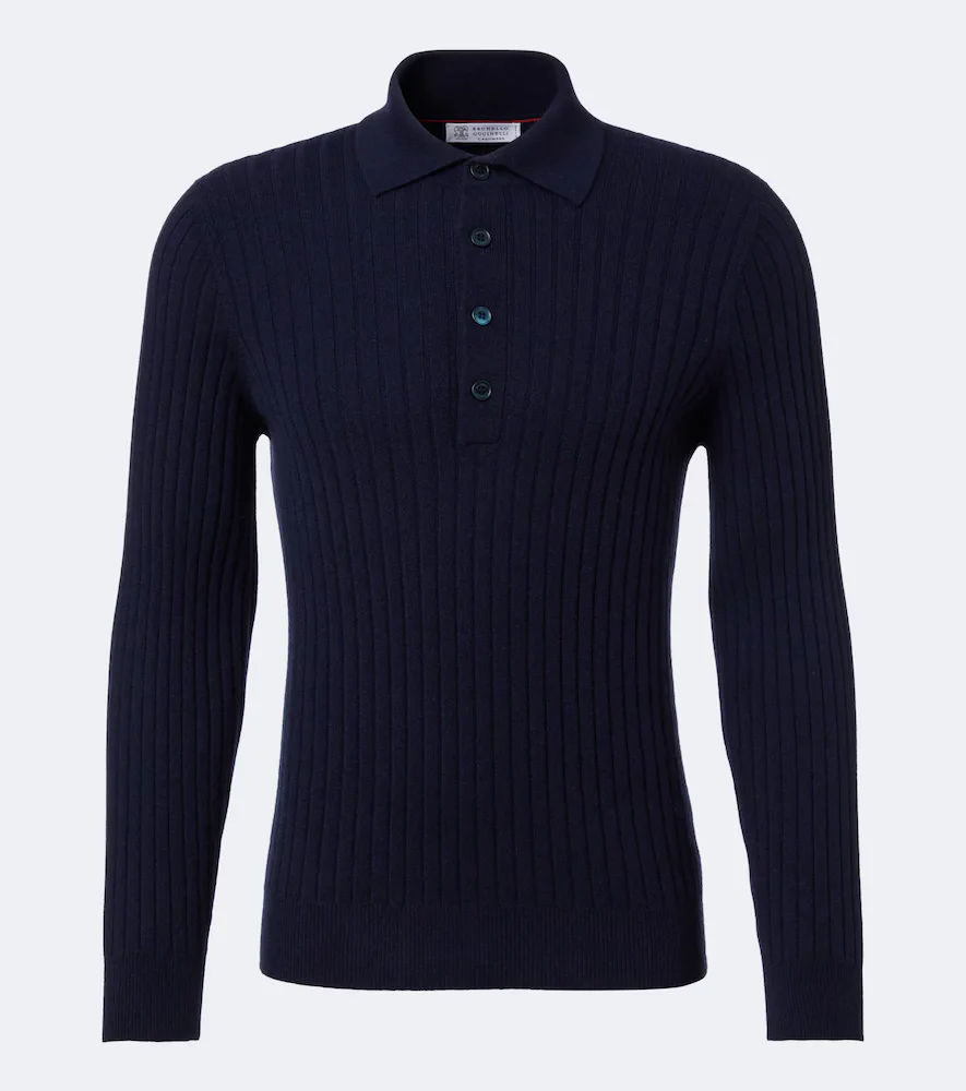 Ribbed-Knit Cashmere Polo Sweater by Brunello Cucinelli