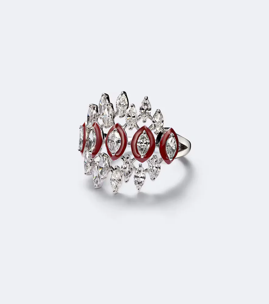 Tiara 18kt White Gold and Enamel Pinky Ring with Diamonds by Kamyen