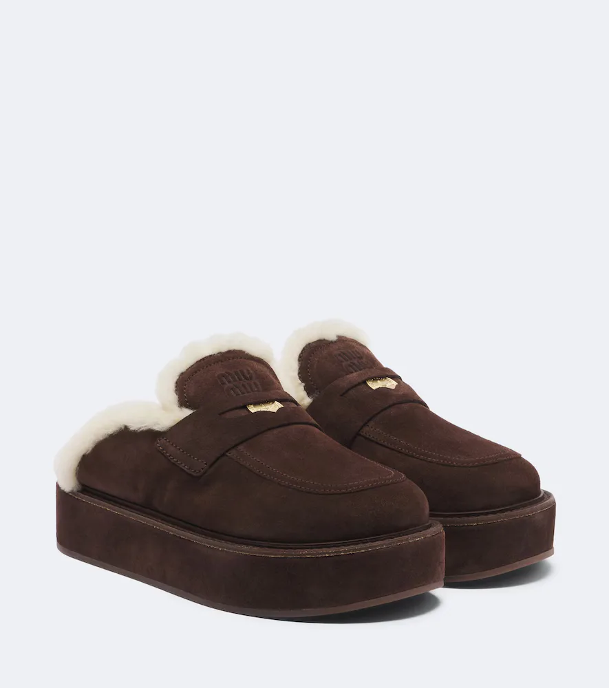 Shearling-Lined Suede Platform Mules by Miu Miu