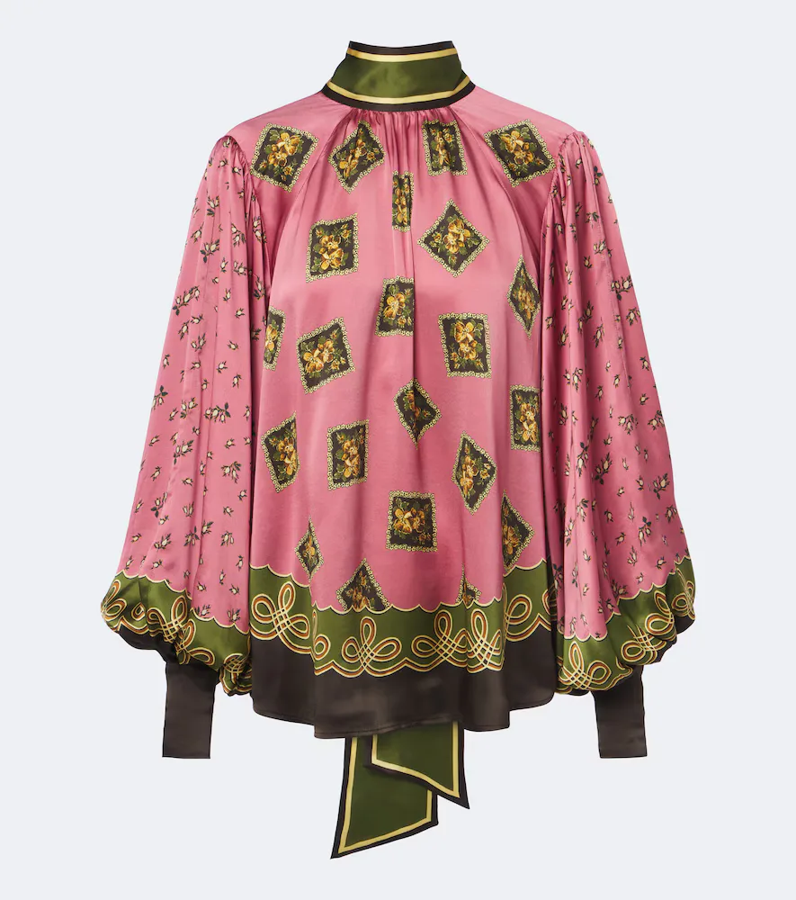 Lacey Floral Tie-Neck Silk Satin Blouse by Alemais