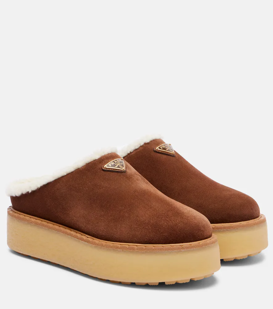 Evolve Shearling-Trimmed Suede Platform Mules by Prada