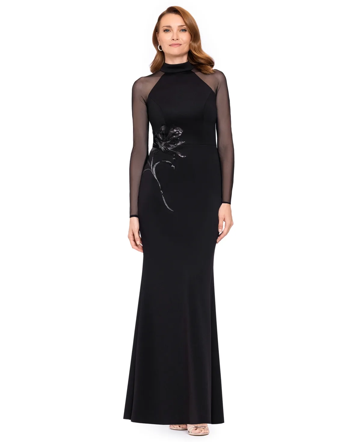 Clemmie Sequin Floral-Applique Mock-Neck Long-Sleeve Dress by Betsy & Adam