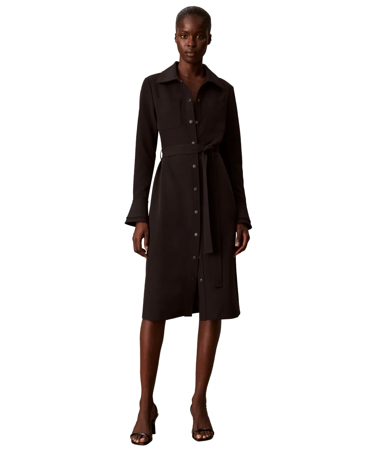 Snap-Front Long-Sleeve Midi Shirt Dress by Calvin Klein
