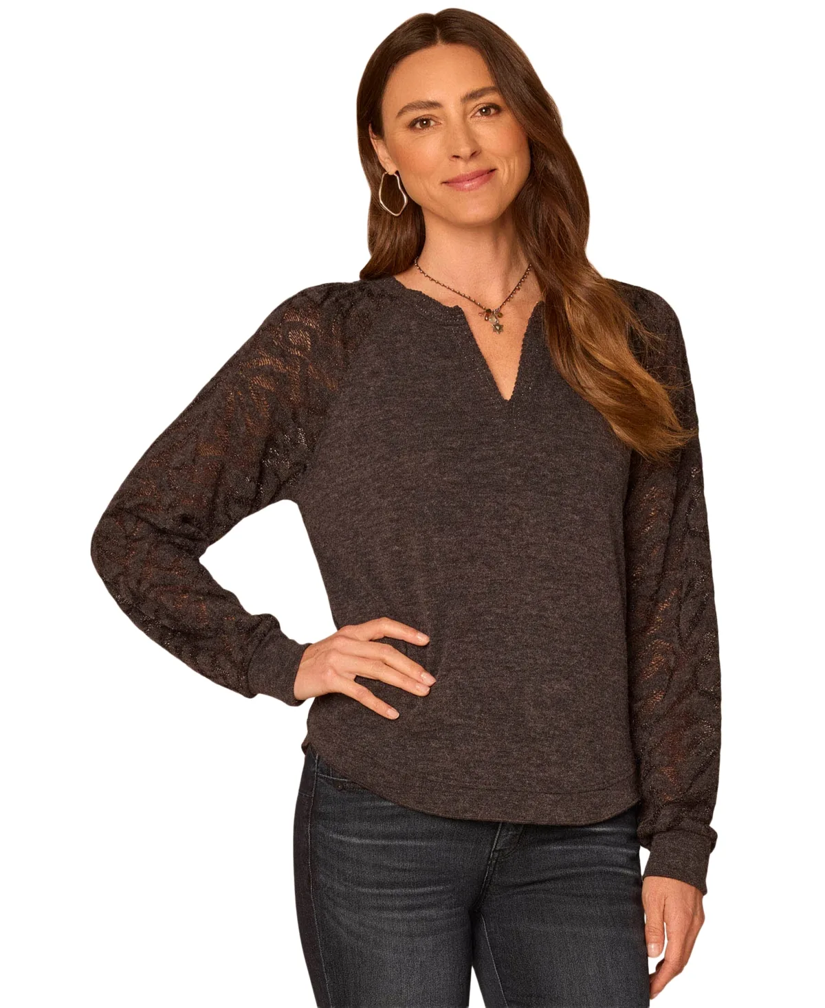 Mandarin-Collar Half-Placket Mixed-Media Knit Blouse by Democracy