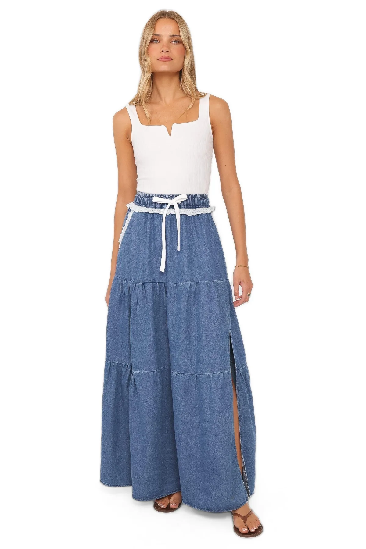 Scout Tiered High-Waisted Maxi Denim Skirt by Petal and Pup