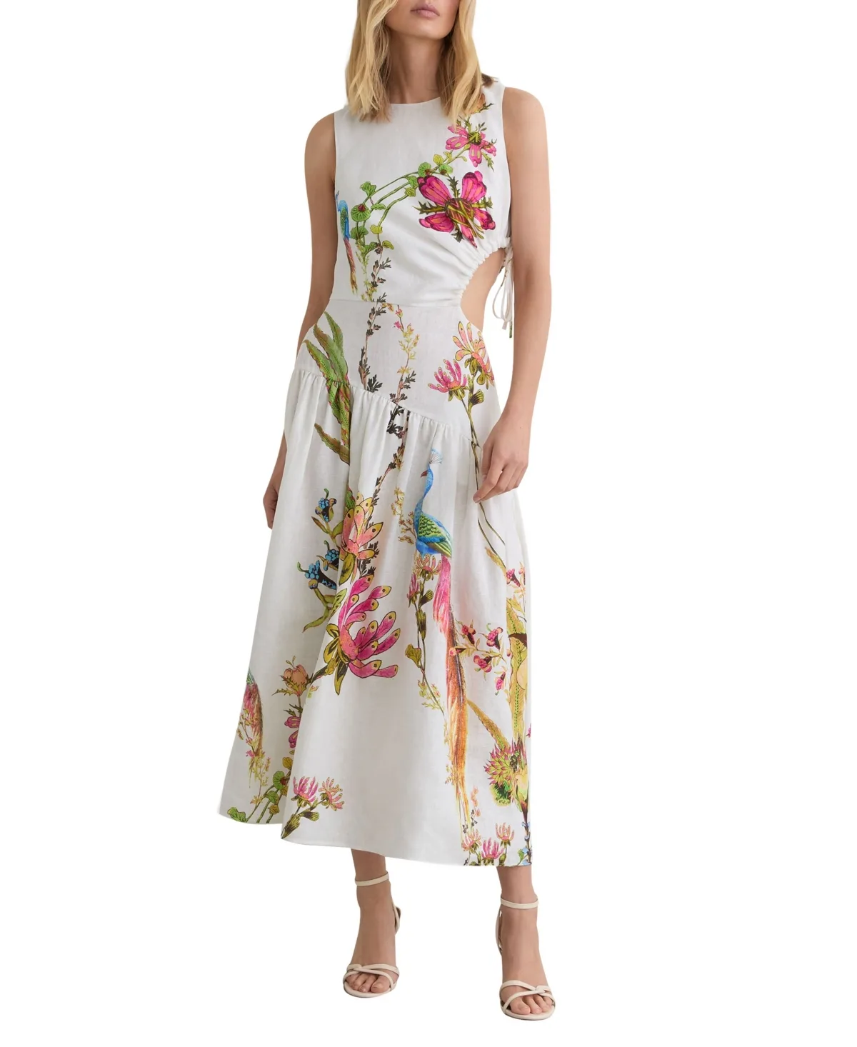 Floral-Print Midi Cut-Out Linen Dress by Reiss