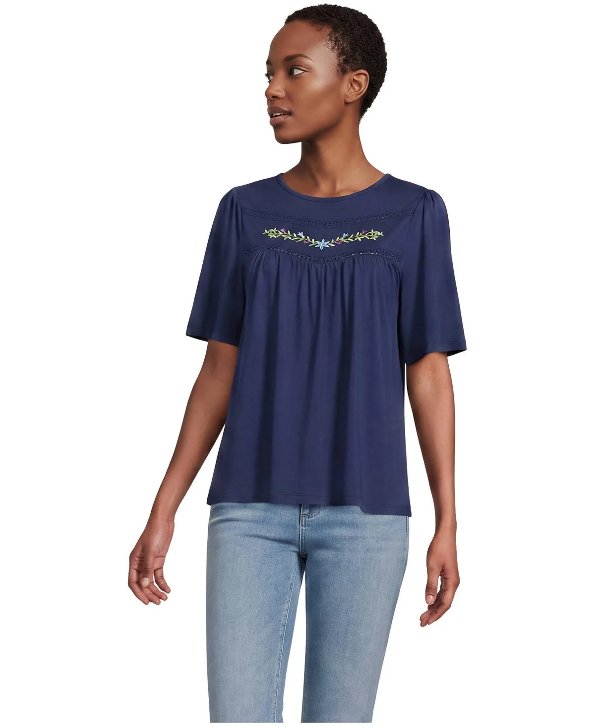 Elbow-Sleeve Slub Jersey Embroidered Pintuck Blouse by Lands' End