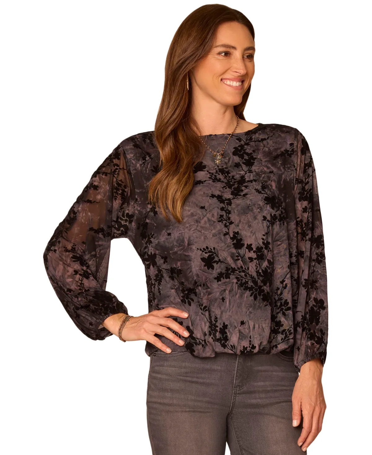 Floral-Print Long-Blouson Sleeve Boat-Neck Blouse