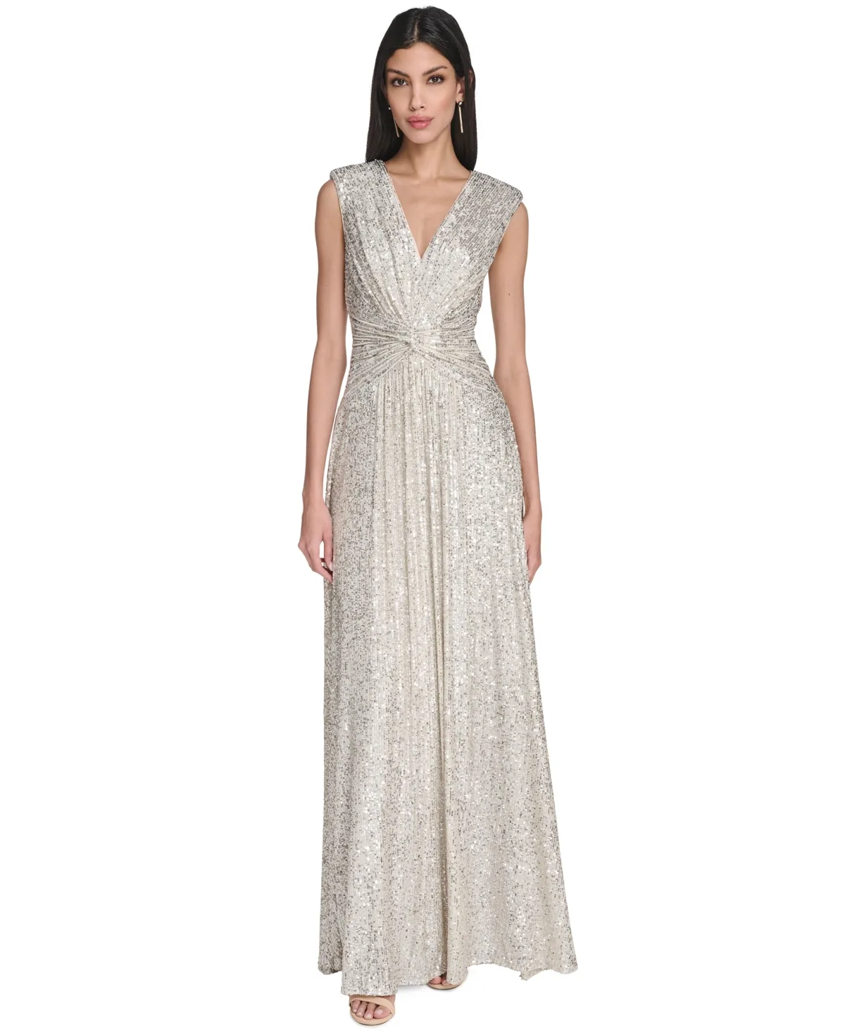 Extended Shoulder V-Neck Sequin Gown by Eliza J