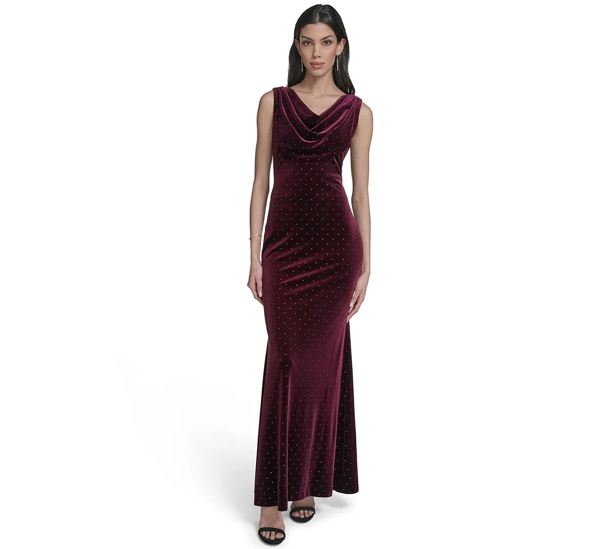 Sleeveless Drape-Neck Rhinestone-Embellished Gown by Eliza J