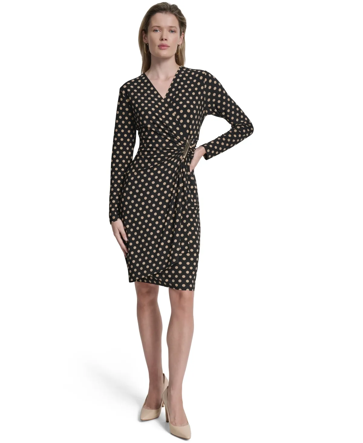 Long Sleeve Faux Wrap Polka Dot Knee Length Dress