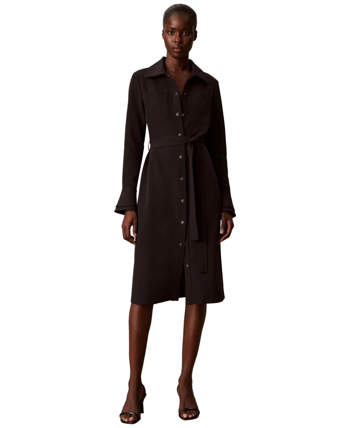 Snap-Front Long-Sleeve Midi Dress by Calvin Klein