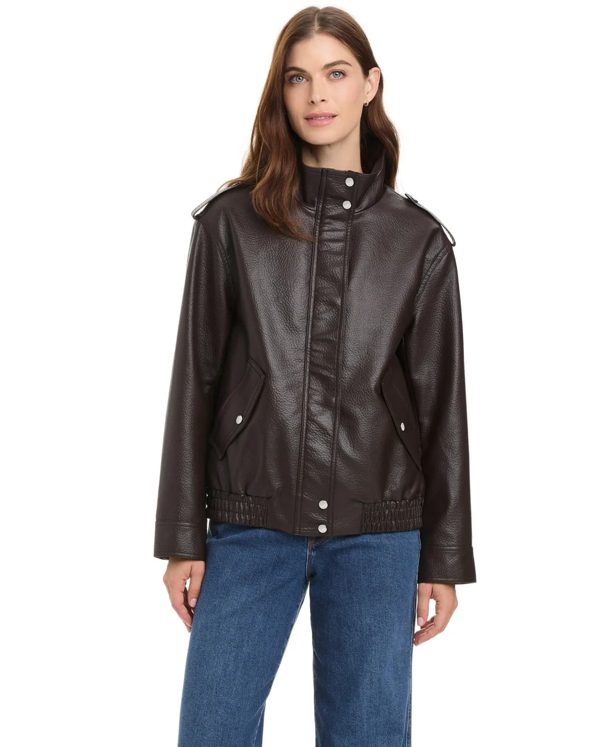 Textured Faux Leather Bomber Jacket