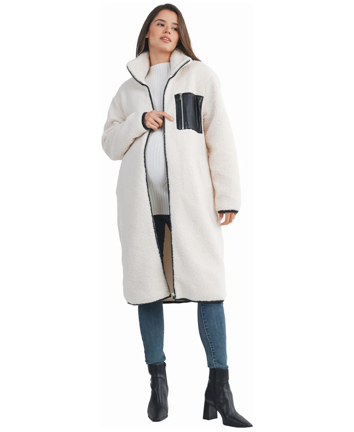 Maternity Longline Sherpa Zip-Front Coat by Hello Miz