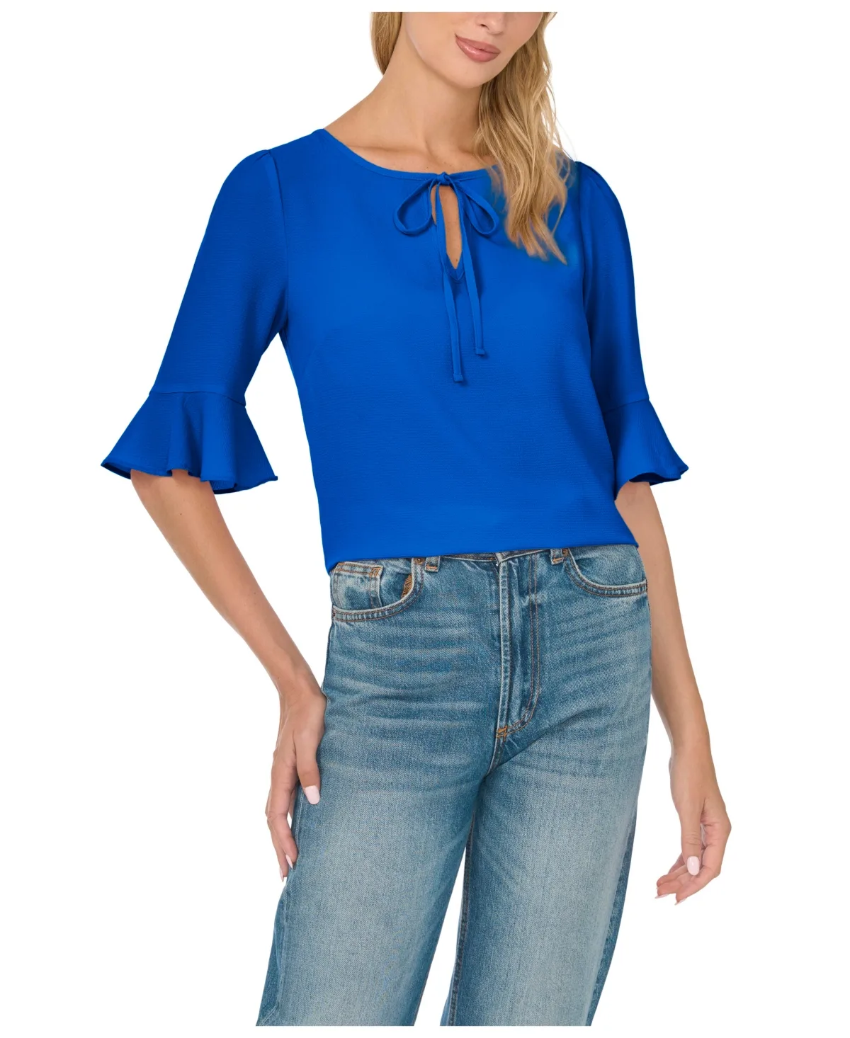 Split Tie Neck Ruffle Cuff 3/4-Sleeve Top by CeCe