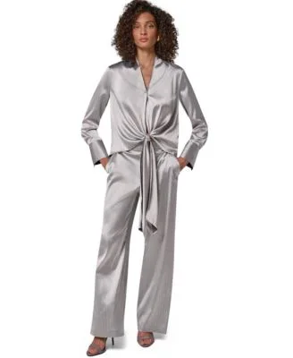 Long Sleeve Wrap V-Neck Blouse Wide Leg Pull on Metallic Satin Pants by Donna Karan New York