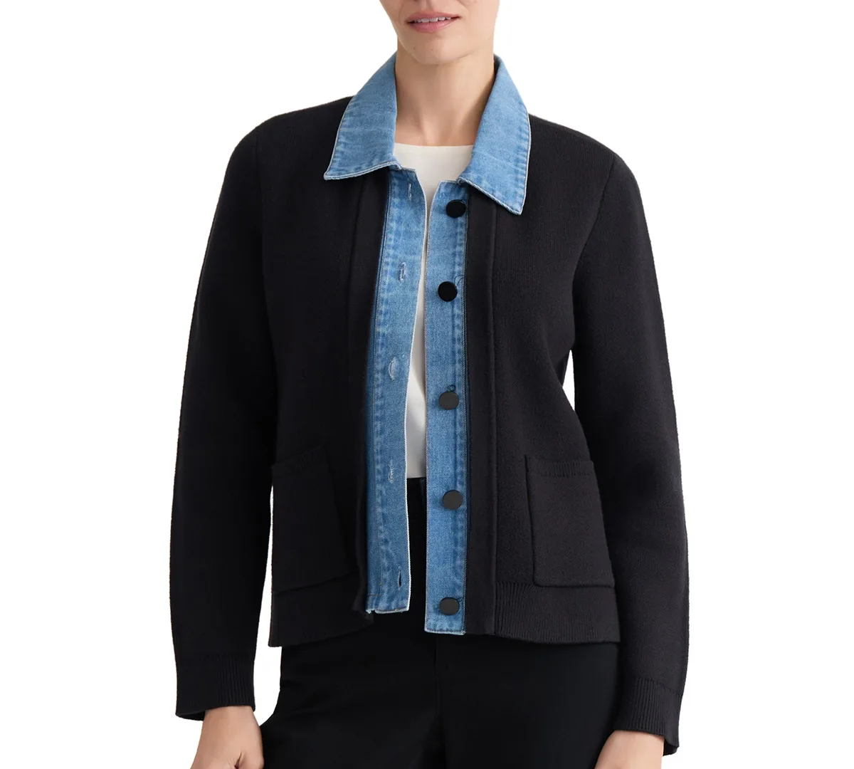 Button-Front Notch-Collar Denim Cardigan Sweater by Jones New York