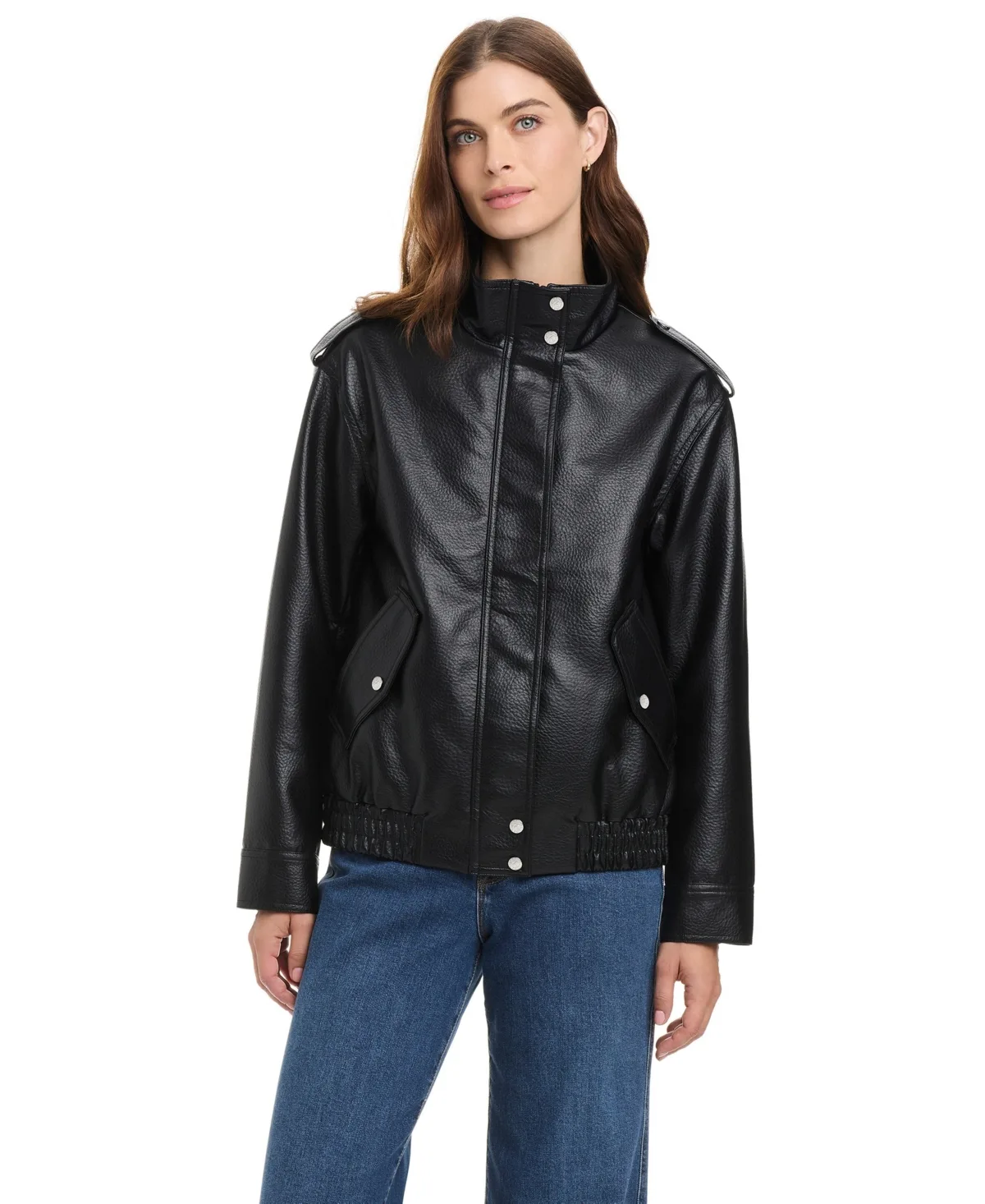 Textured Faux Leather Bomber Jacket